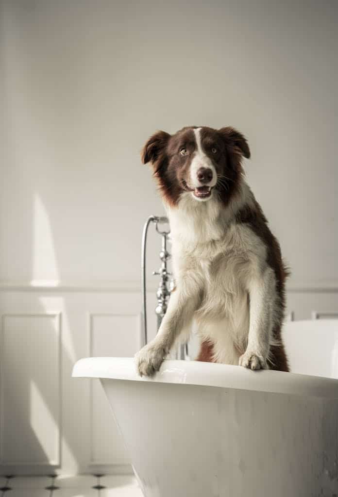 Brown and White Border Collie Mix in a Bathtub