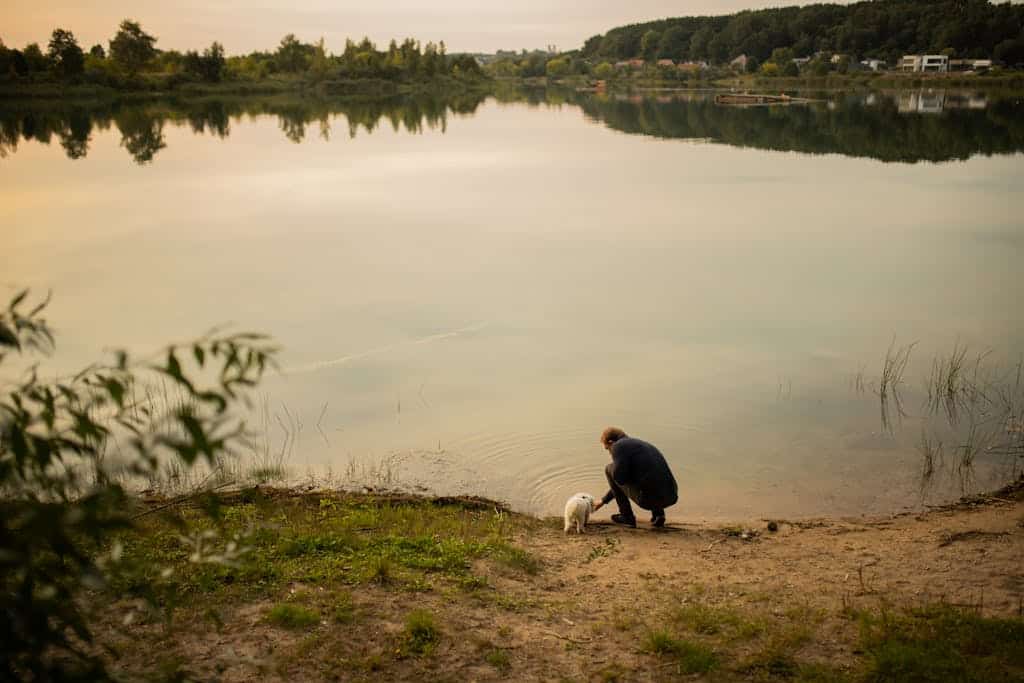 A man kneeling down by the water with his dog